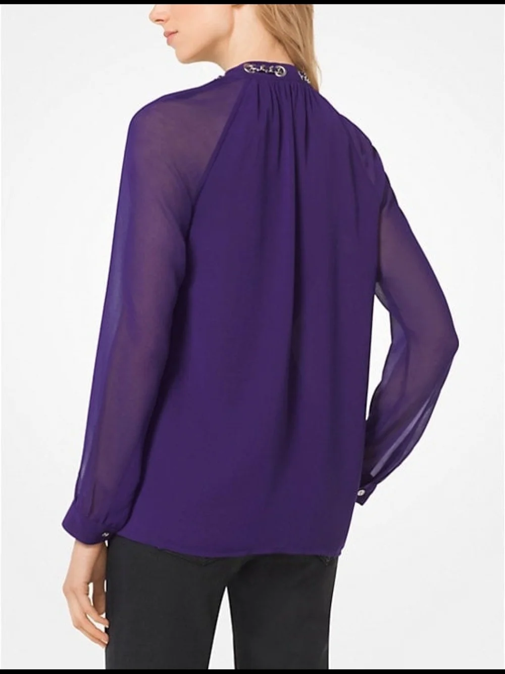 Michael Kors Purple V-Neck Long Sleeve Blouse with Chain Drawstring